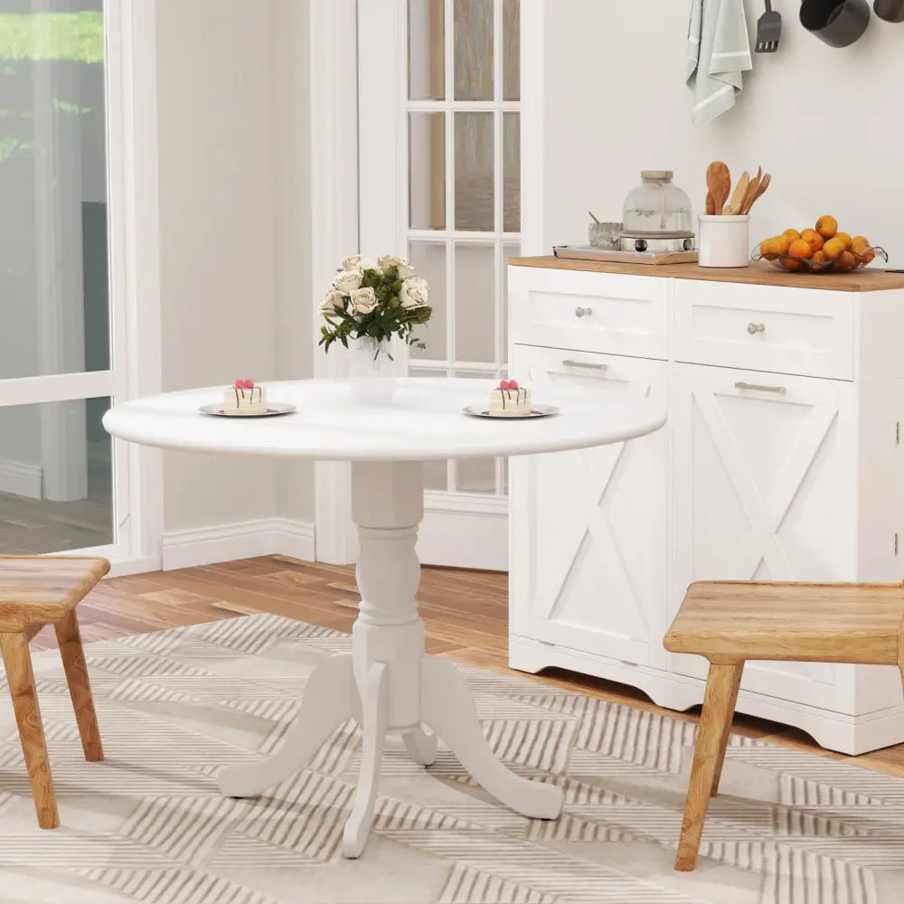 Wooden Dining Table with Round Tabletop and Curved Trestle Legs-White - White - Dining Tables