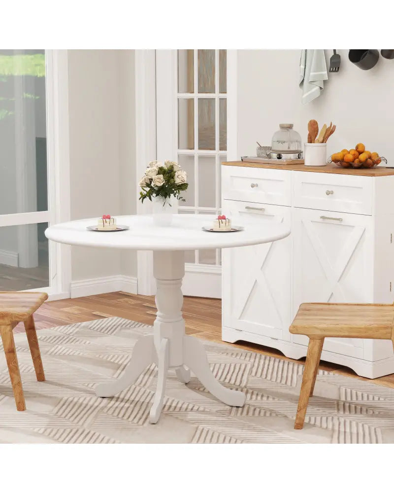 Wooden Dining Table with Round Tabletop and Curved Trestle Legs-White - White - Dining Tables