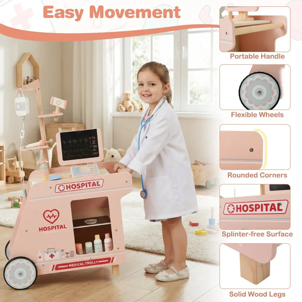 Wooden Doctor Playset for Kids Pretend Play Doctor Kit with Cart Gift for Toddlers Boys Girls Aged 3+-Pink - Pink