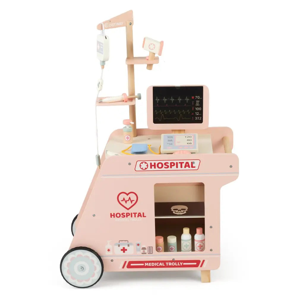 Wooden Doctor Playset for Kids Pretend Play Doctor Kit with Cart Gift for Toddlers Boys Girls Aged 3+-Pink - Pink