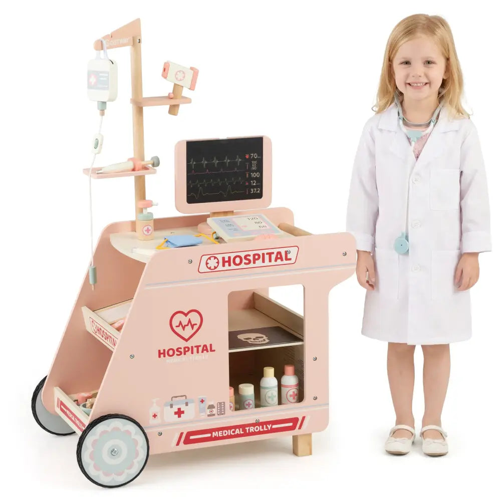 Wooden Doctor Playset for Kids Pretend Play Doctor Kit with Cart Gift for Toddlers Boys Girls Aged 3+-Pink - Pink
