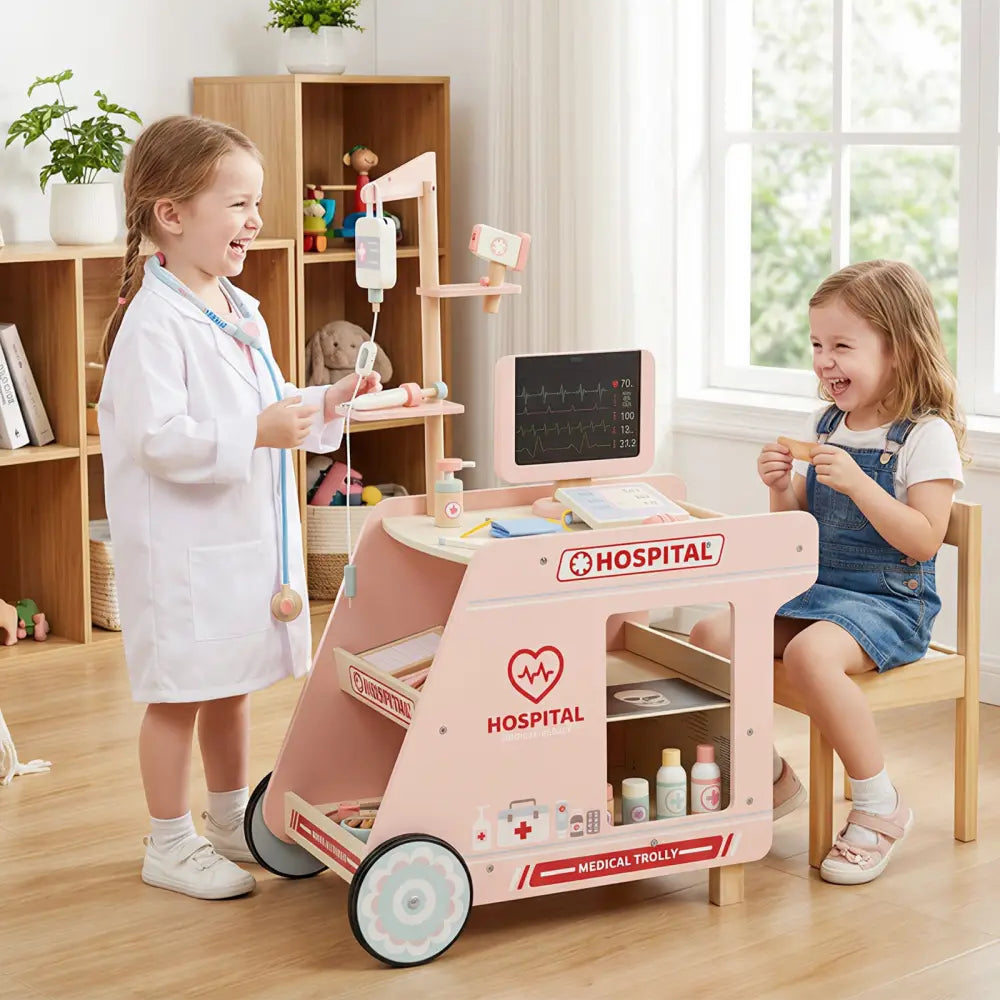 Wooden Doctor Playset for Kids Pretend Play Doctor Kit with Cart Gift for Toddlers Boys Girls Aged 3+-Pink - Pink