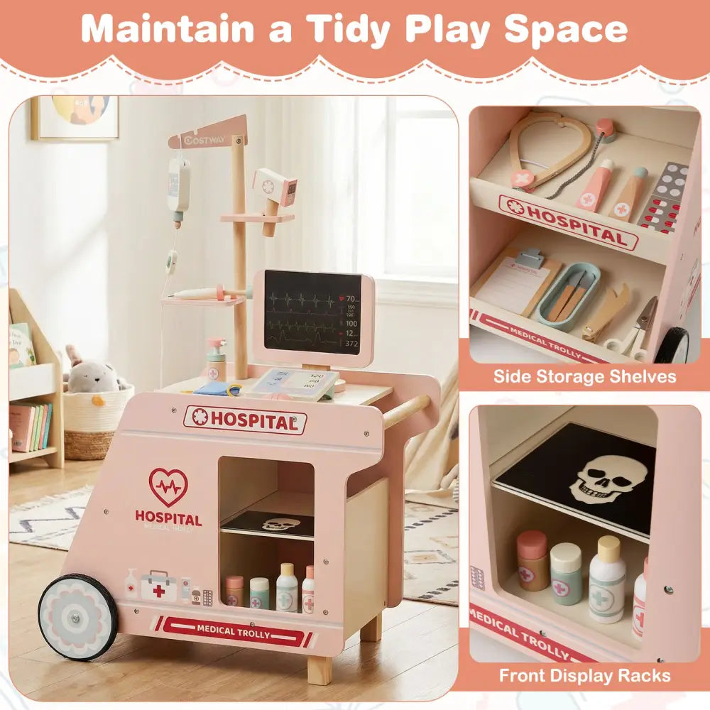 Wooden Doctor Playset for Kids Pretend Play Doctor Kit with Cart Gift for Toddlers Boys Girls Aged 3+-Pink - Pink