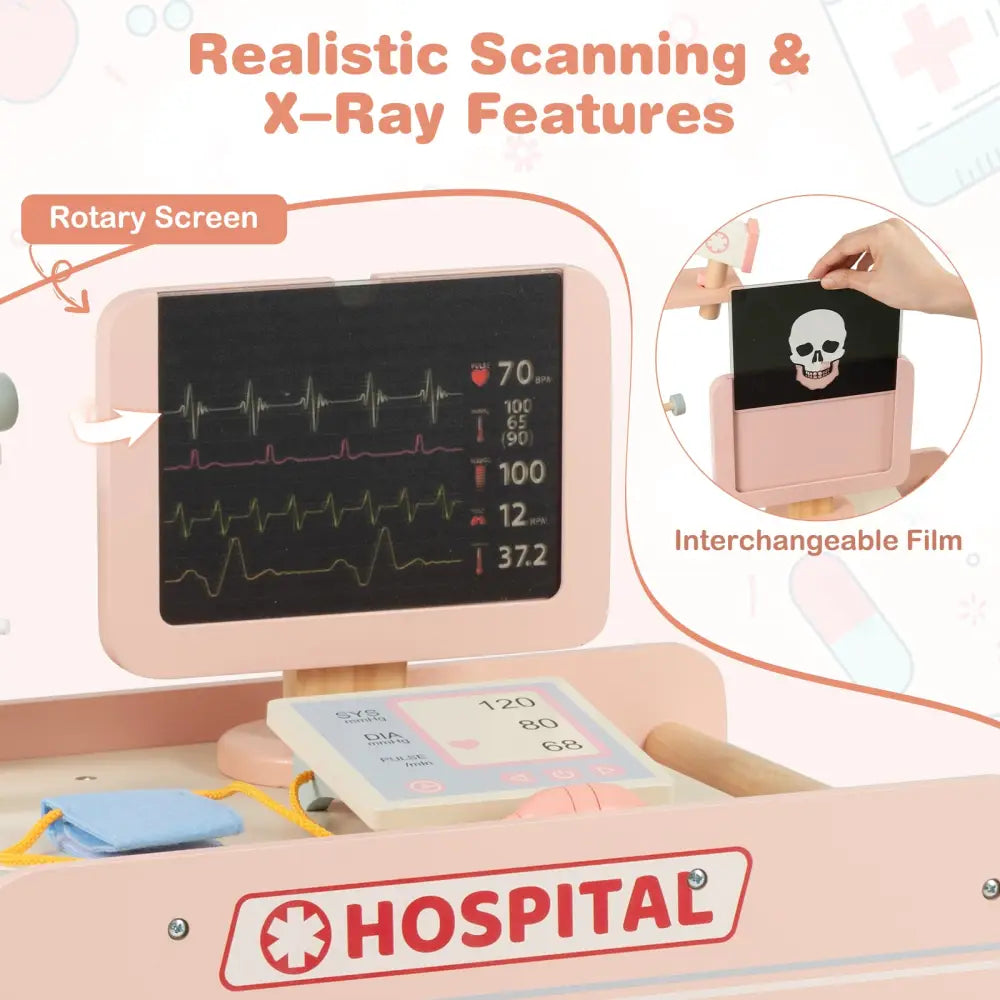 Wooden Doctor Playset for Kids Pretend Play Doctor Kit with Cart Gift for Toddlers Boys Girls Aged 3+-Pink - Pink