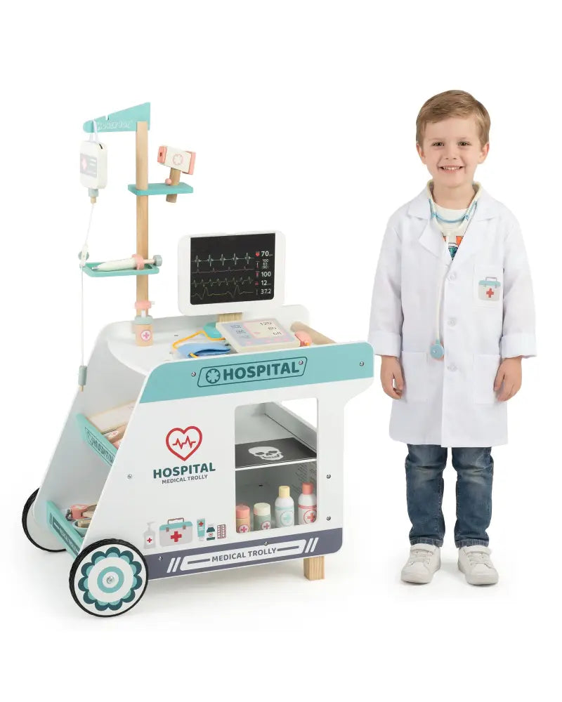 Wooden Doctor Playset for Kids Pretend Play Doctor Kit with Cart Gift for Toddlers Boys Girls Aged 3+-Green - Green