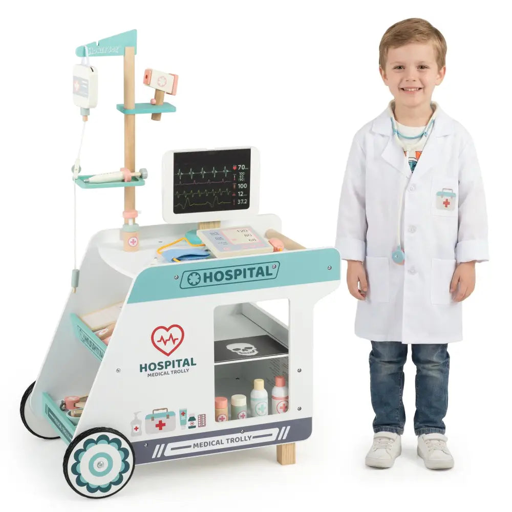 Wooden Doctor Playset for Kids Pretend Play Doctor Kit with Cart Gift for Toddlers Boys Girls Aged 3+-Green - Green