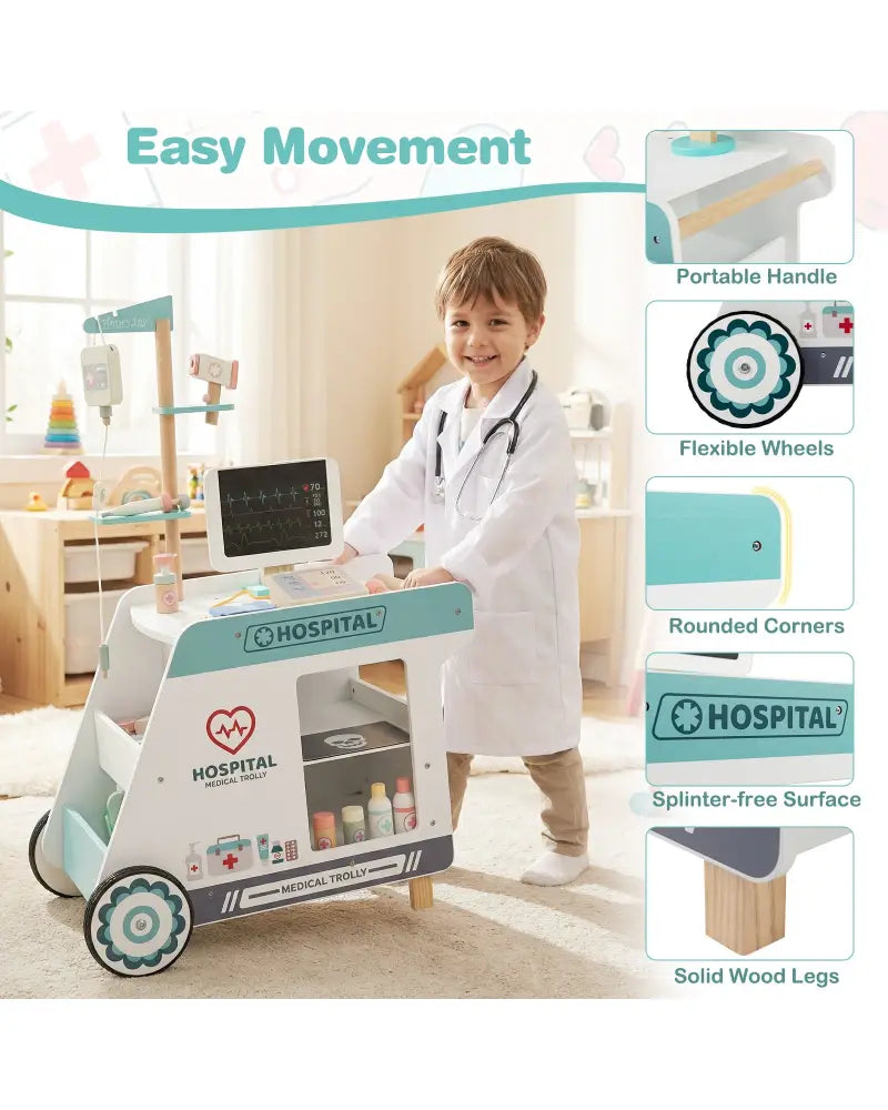 Wooden Doctor Playset for Kids Pretend Play Doctor Kit with Cart Gift for Toddlers Boys Girls Aged 3+-Green - Green