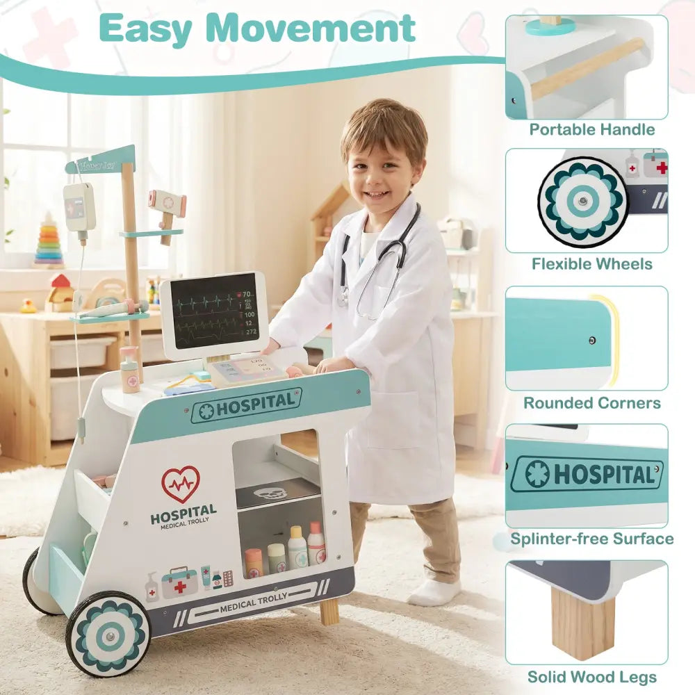 Wooden Doctor Playset for Kids Pretend Play Doctor Kit with Cart Gift for Toddlers Boys Girls Aged 3+-Green - Green