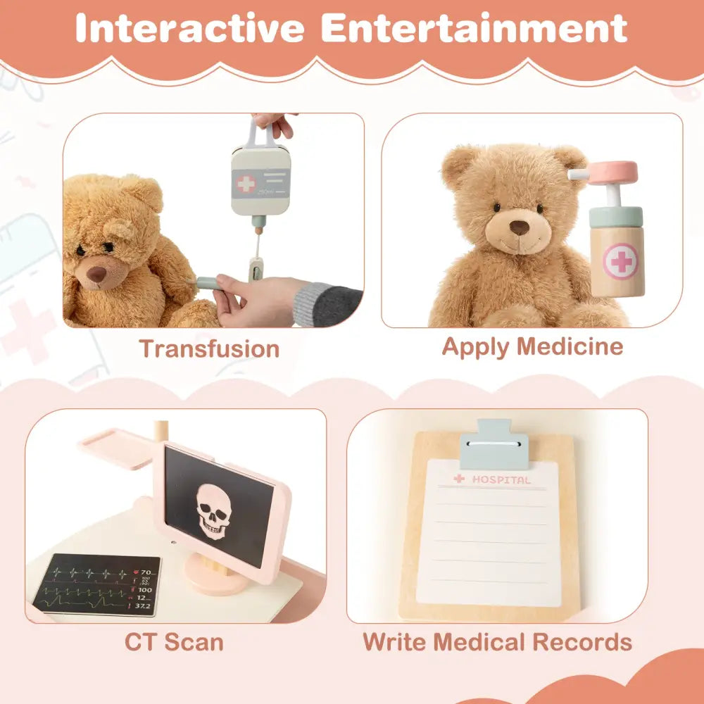 Wooden Doctor Playset for Kids Pretend Play Doctor Kit with Cart Gift for Toddlers Boys Girls Aged 3+-Pink - Pink