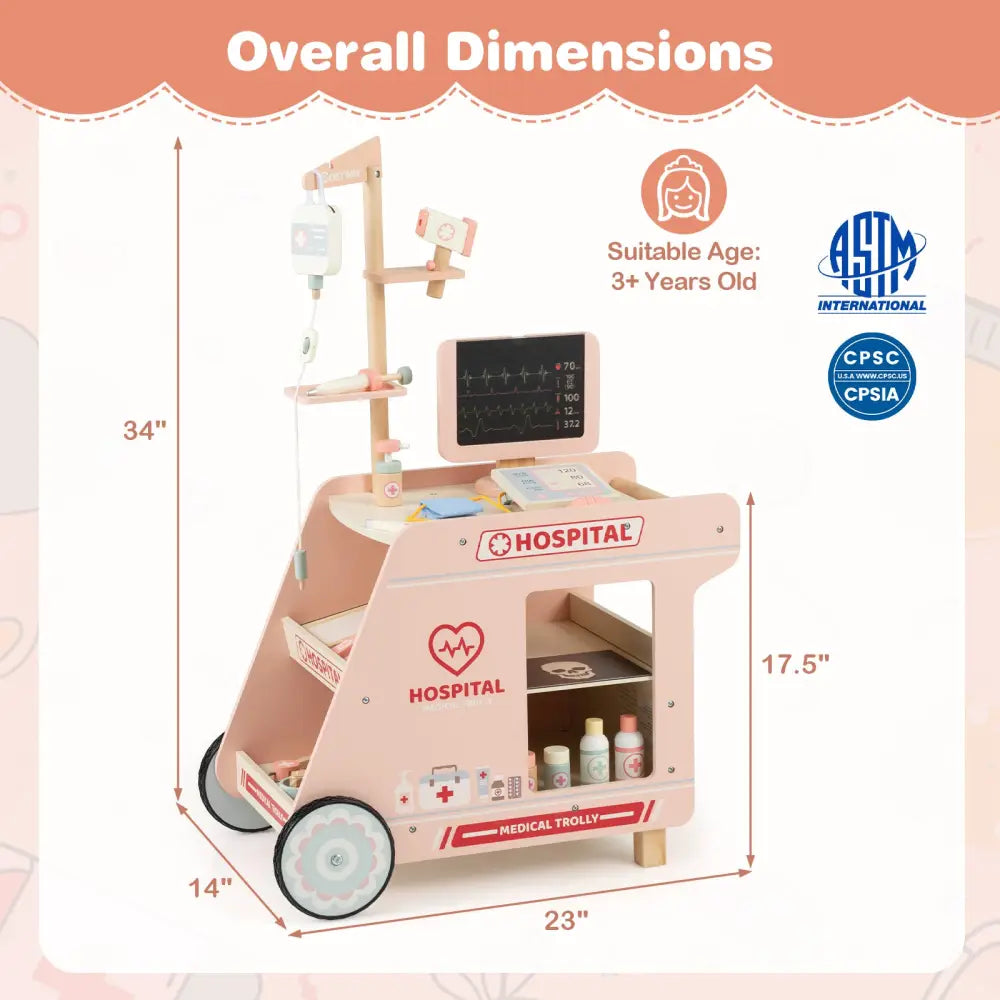 Wooden Doctor Playset for Kids Pretend Play Doctor Kit with Cart Gift for Toddlers Boys Girls Aged 3+-Pink - Pink