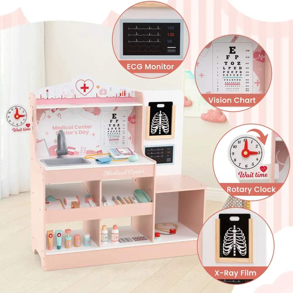 Wooden Doctor Playset with Stethoscope for Toddlers over 3 Years Old-Pink - Pink - Play Kitchen Sets