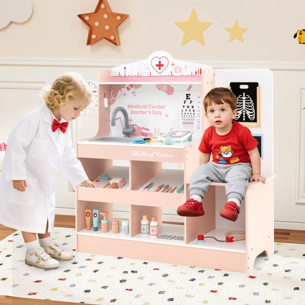 Wooden Doctor Playset with Stethoscope for Toddlers over 3 Years Old-Pink - Pink - Play Kitchen Sets