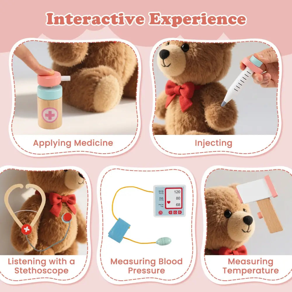 Wooden Doctor Playset with Stethoscope for Toddlers over 3 Years Old-Pink - Pink - Play Kitchen Sets
