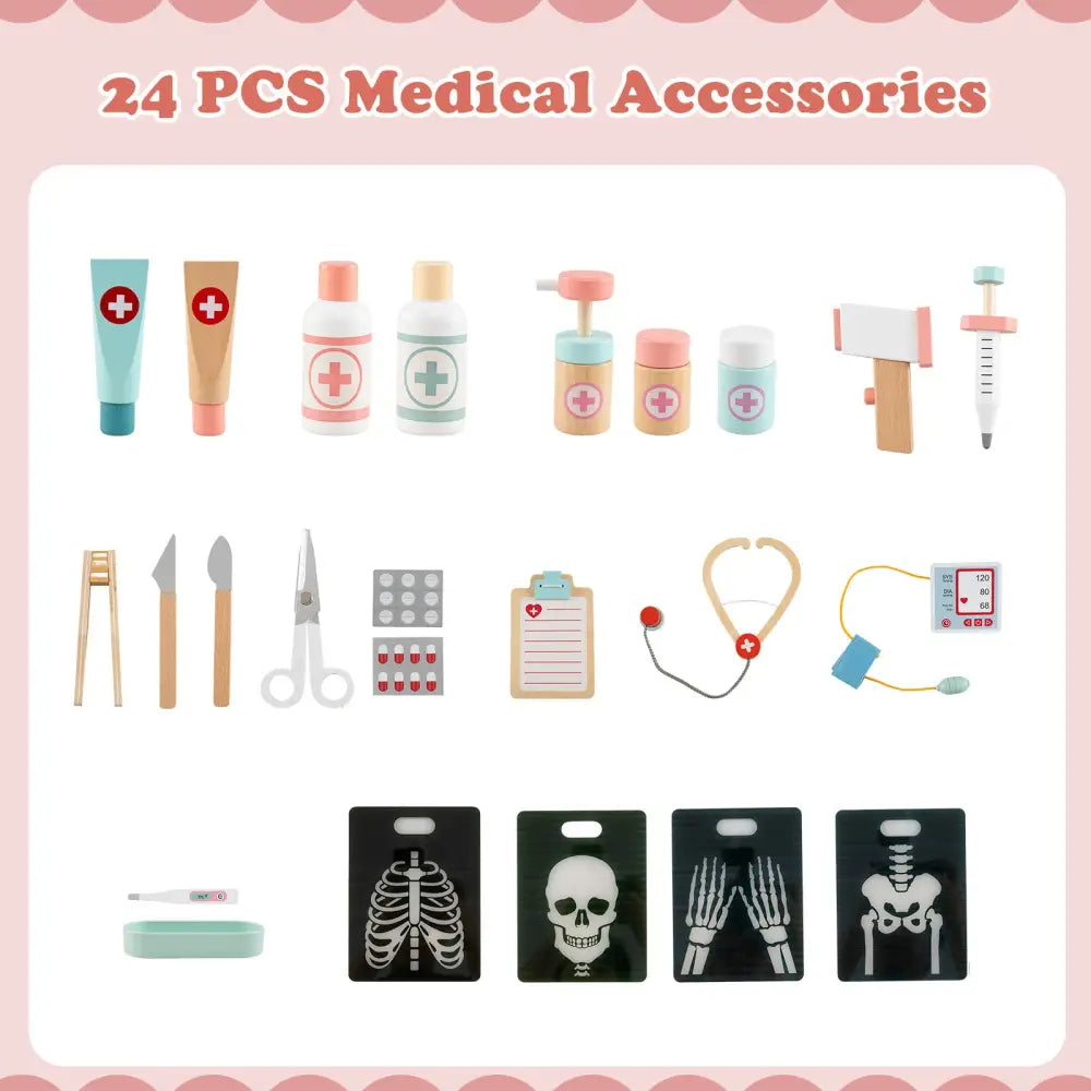 Wooden Doctor Playset with Stethoscope for Toddlers over 3 Years Old-Pink - Pink - Play Kitchen Sets