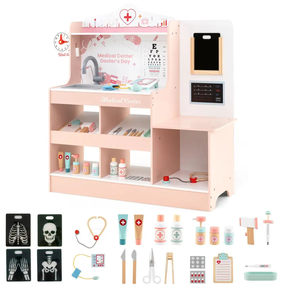 Wooden Doctor Playset with Stethoscope for Toddlers over 3 Years Old-Pink - Pink - Play Kitchen Sets