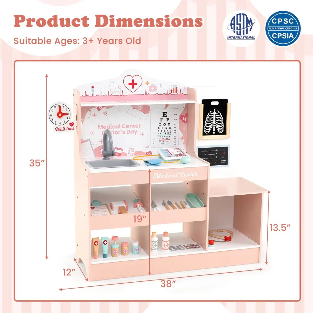 Wooden Doctor Playset with Stethoscope for Toddlers over 3 Years Old-Pink - Pink - Play Kitchen Sets