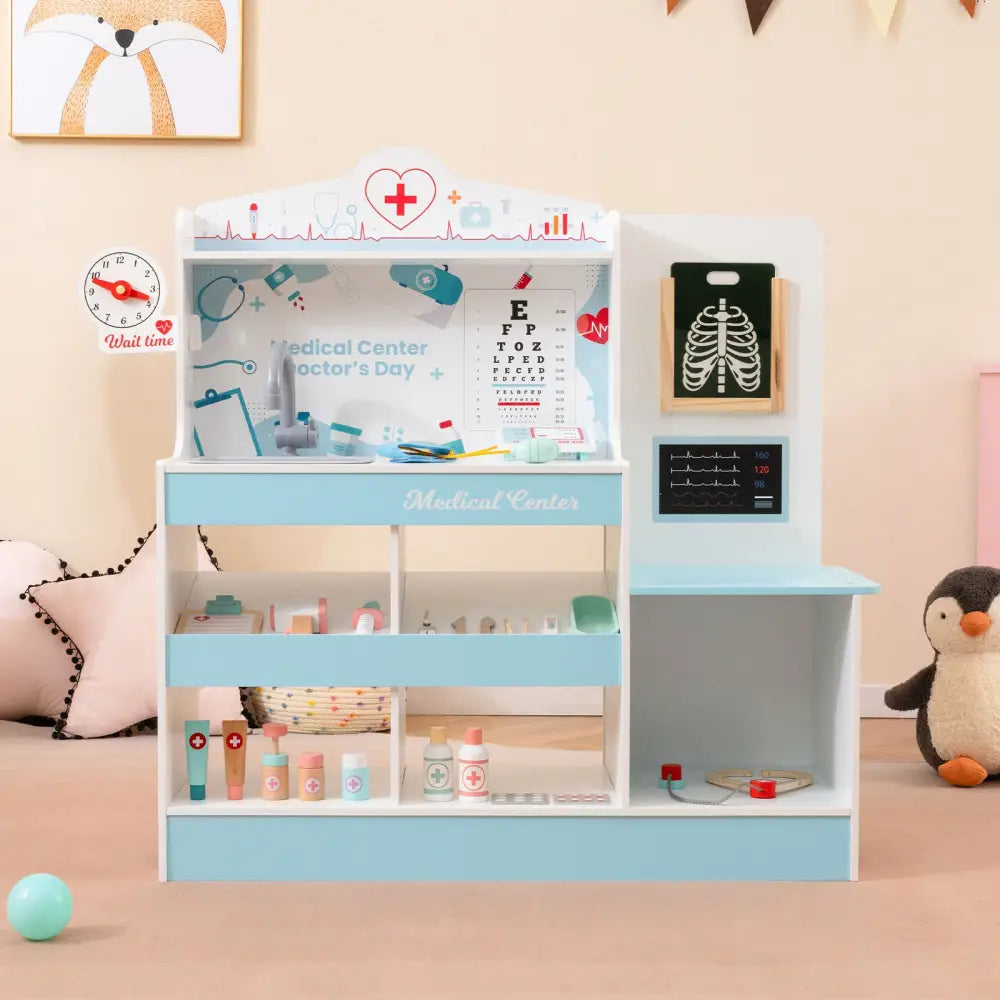 Wooden Doctor Playset with Stethoscope for Toddlers over 3 Years Old-Blue - Blue - Play Kitchen Sets