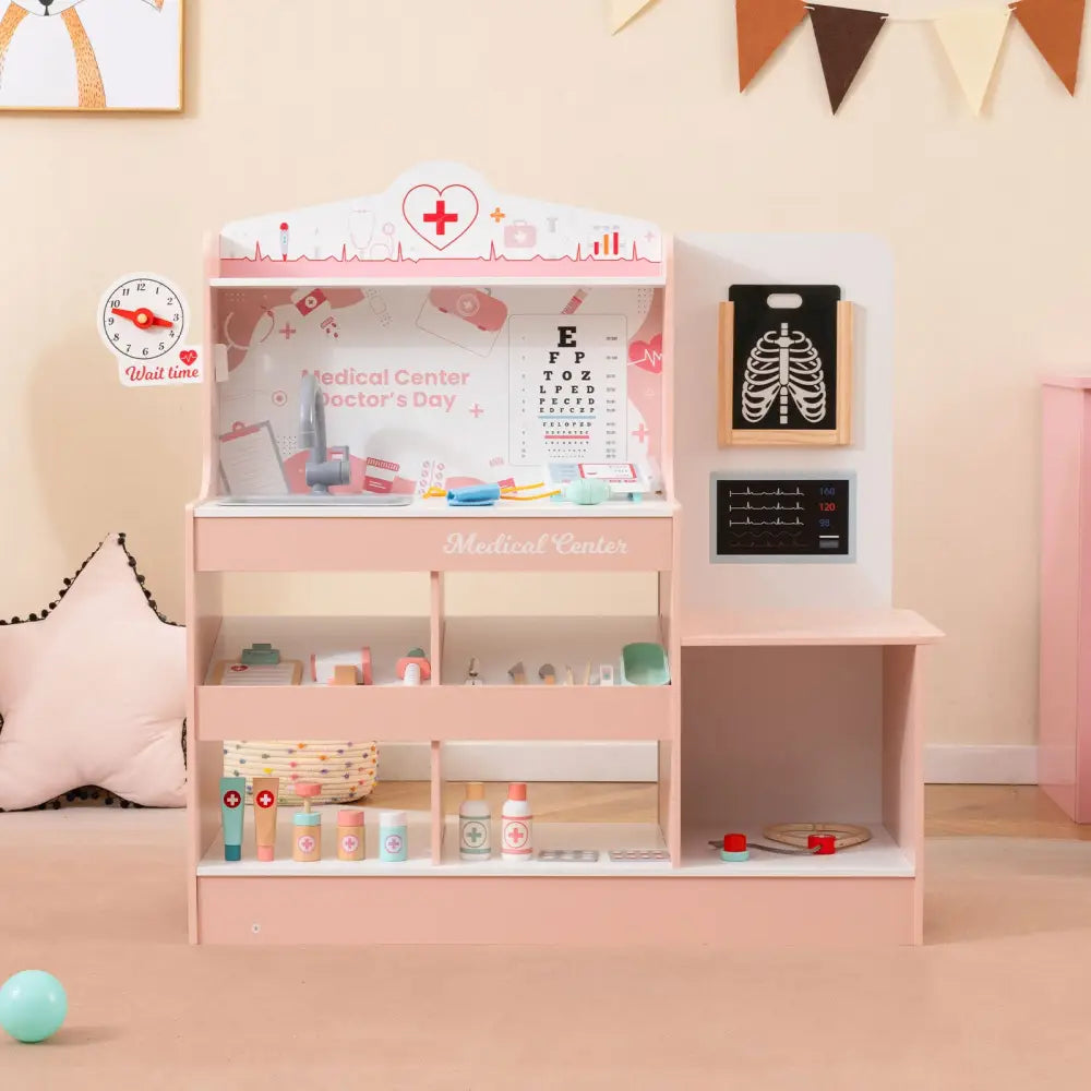 Wooden Doctor Playset with Stethoscope for Toddlers over 3 Years Old-Pink - Pink - Play Kitchen Sets