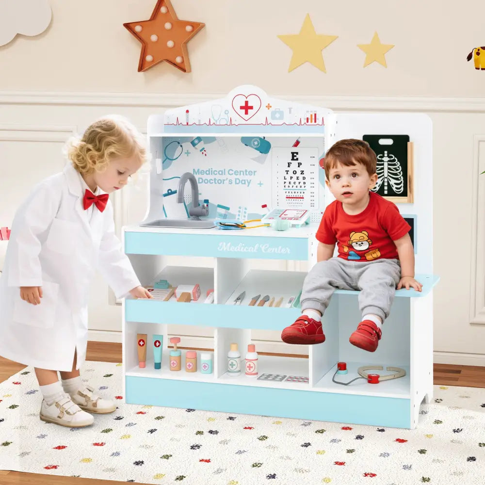 Wooden Doctor Playset with Stethoscope for Toddlers over 3 Years Old-Blue - Blue - Play Kitchen Sets