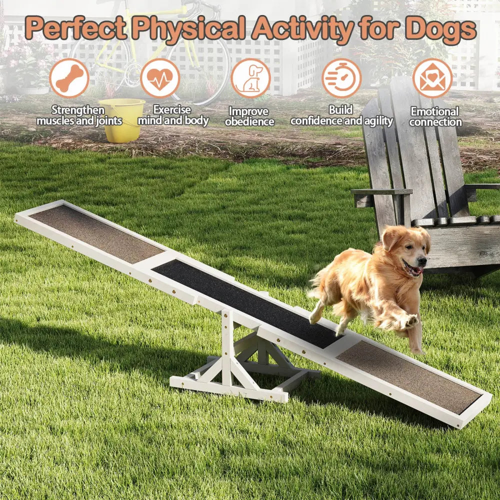 Wooden Dog Agility Seesaw Dog Outdoor Run Game Toy for Obstacle Courses-White - White - Dog Supplies