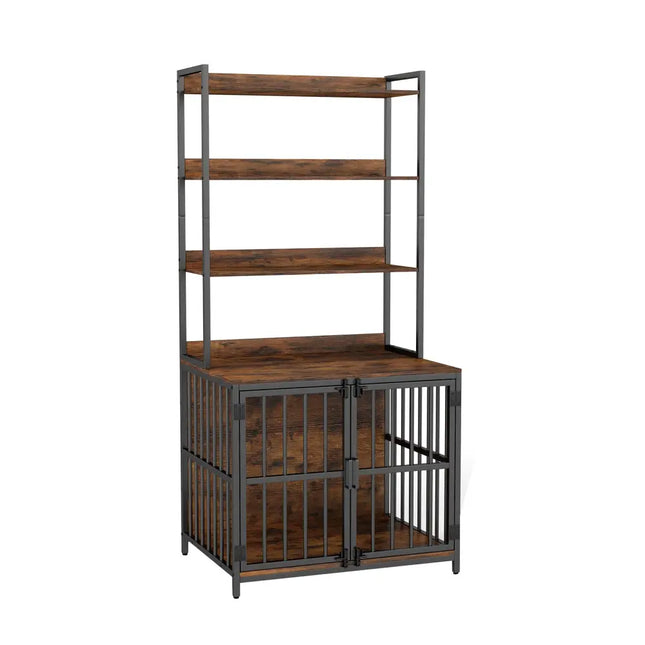 Wooden Dog Crate Furniture with Storage Shelves and Double Doors-Rustic Brown - Rustic Brown - Dog Kennels
