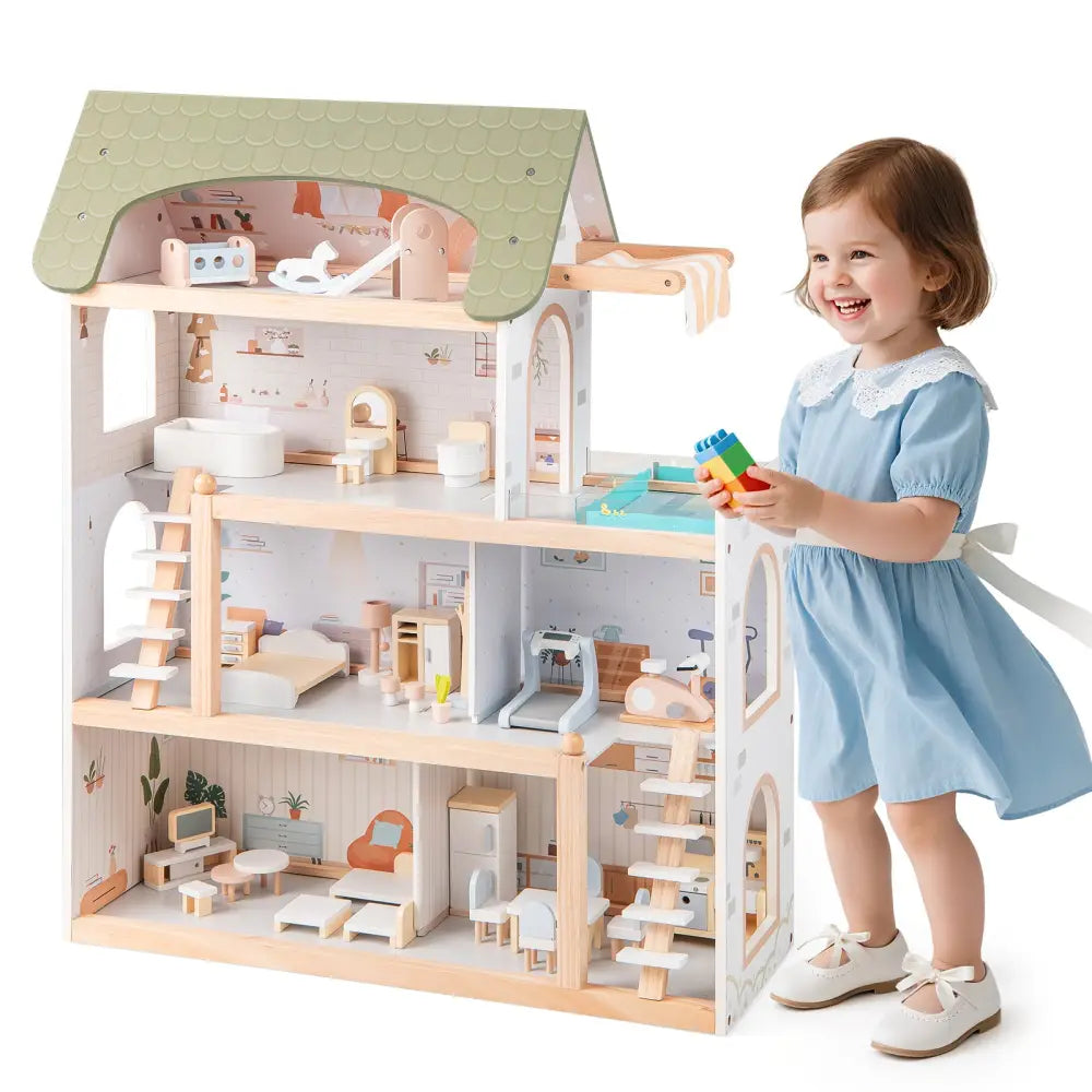Wooden Dollhouse Kids DIY Pretend Playhouse with 33 PCS Furniture Accessories-Green - Green - Play Tents & Playhouse