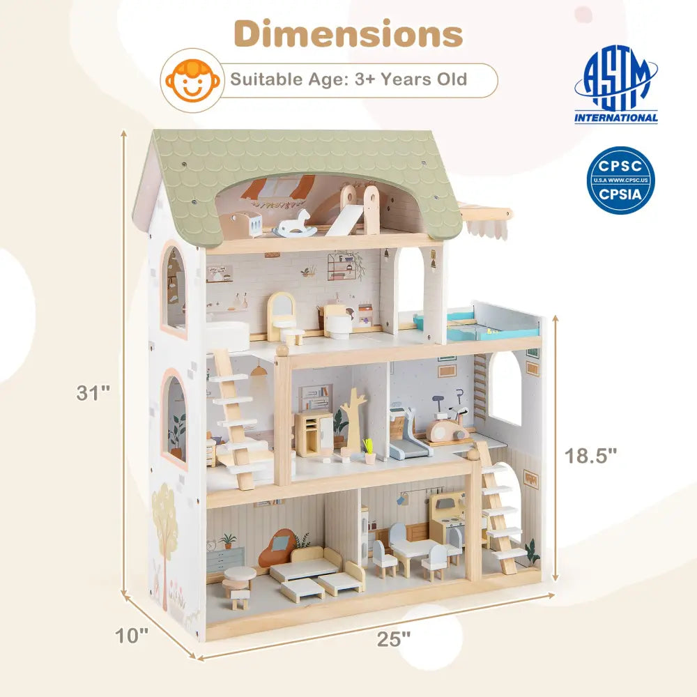 Wooden Dollhouse Kids DIY Pretend Playhouse with 33 PCS Furniture Accessories-Green - Green - Play Tents & Playhouse