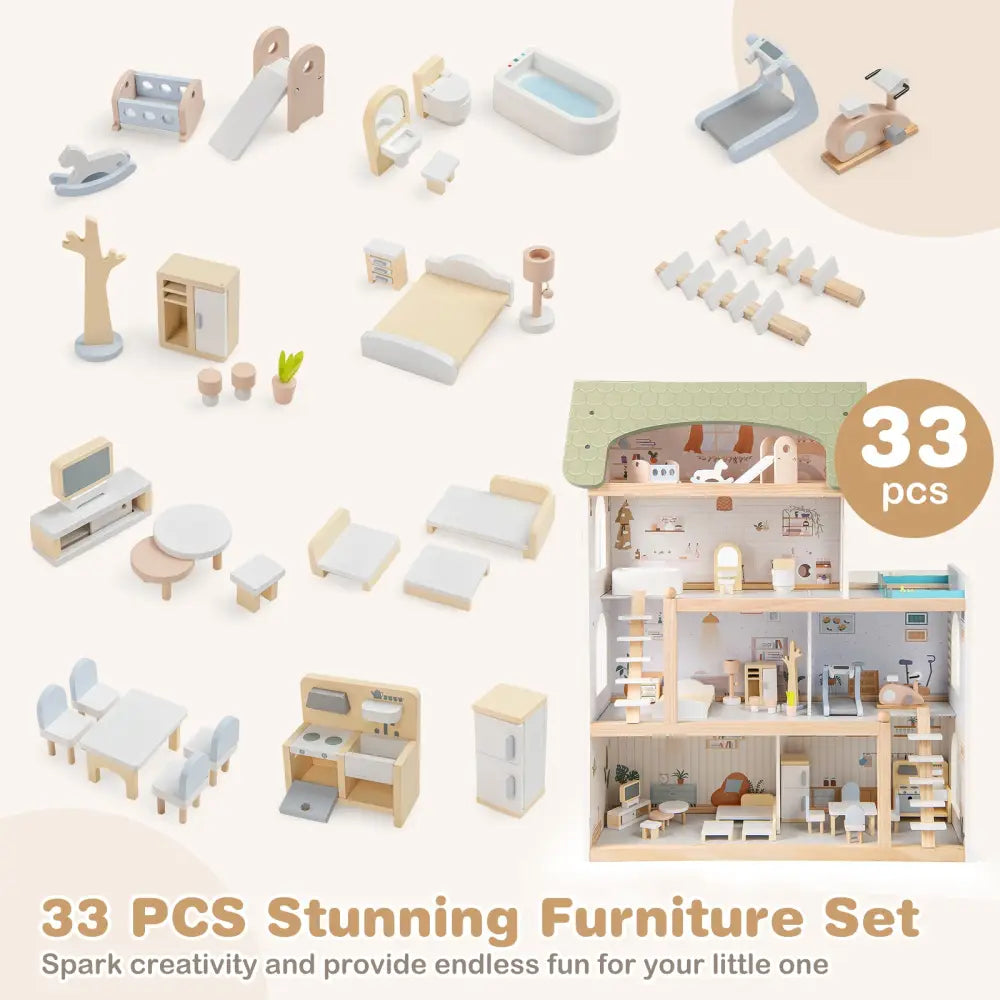 Wooden Dollhouse Kids DIY Pretend Playhouse with 33 PCS Furniture Accessories-Green - Green - Play Tents & Playhouse