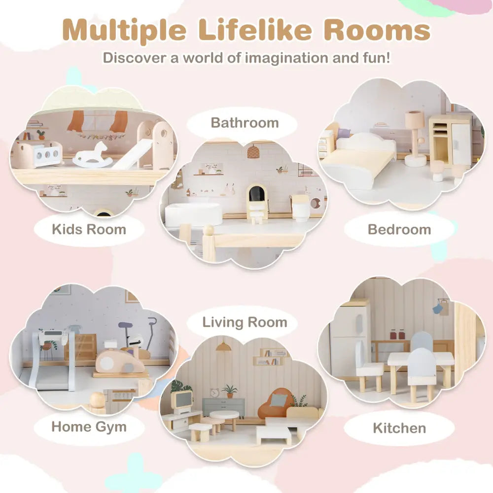 Wooden Dollhouse Kids DIY Pretend Playhouse with 33 PCS Furniture Accessories-Green - Green - Play Tents & Playhouse