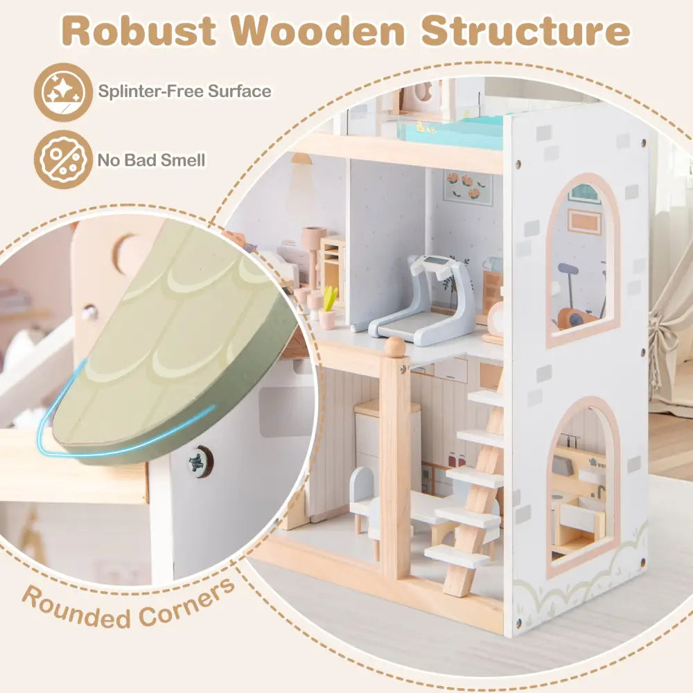 Wooden Dollhouse Kids DIY Pretend Playhouse with 33 PCS Furniture Accessories-Green - Green - Play Tents & Playhouse