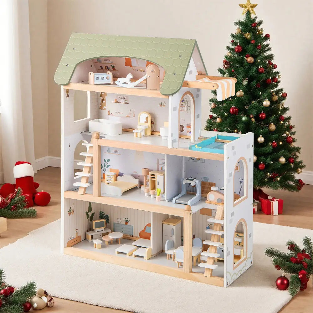 Wooden Dollhouse Kids DIY Pretend Playhouse with 33 PCS Furniture Accessories-Green - Green - Play Tents & Playhouse