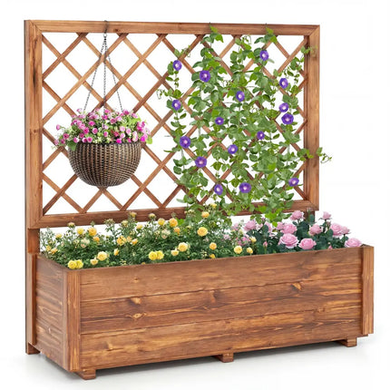 Wooden Elevated Raised Garden Bed with Lattice Trelliswith Drainage Holes-Orange - Orange - Raised Garden Beds