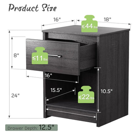 Wooden End Side Table Nightstand with Drawer Storage Shelf-Black - Black - Nightstands