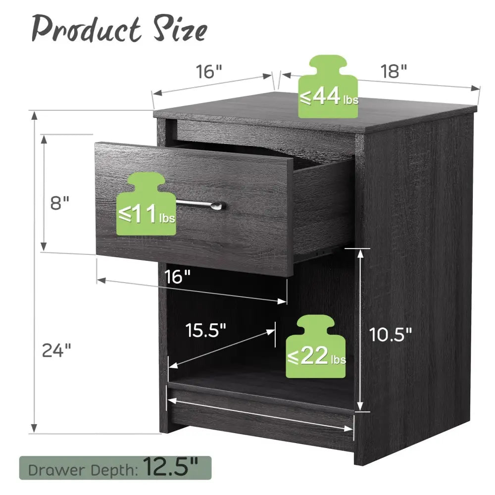 Wooden End Side Table Nightstand with Drawer Storage Shelf-Black - Black - Nightstands
