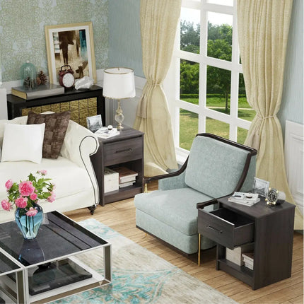 Wooden End Side Table Nightstand with Drawer Storage Shelf-Black - Black - Nightstands