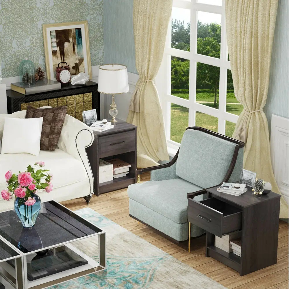 Wooden End Side Table Nightstand with Drawer Storage Shelf-Black - Black - Nightstands