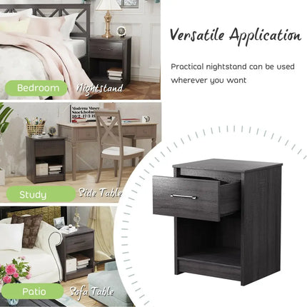 Wooden End Side Table Nightstand with Drawer Storage Shelf-Black - Black - Nightstands