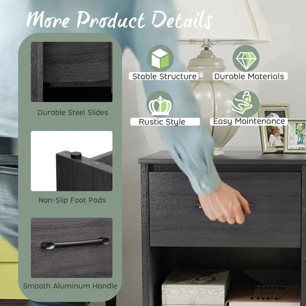Wooden End Side Table Nightstand with Drawer Storage Shelf-Black - Black - Nightstands