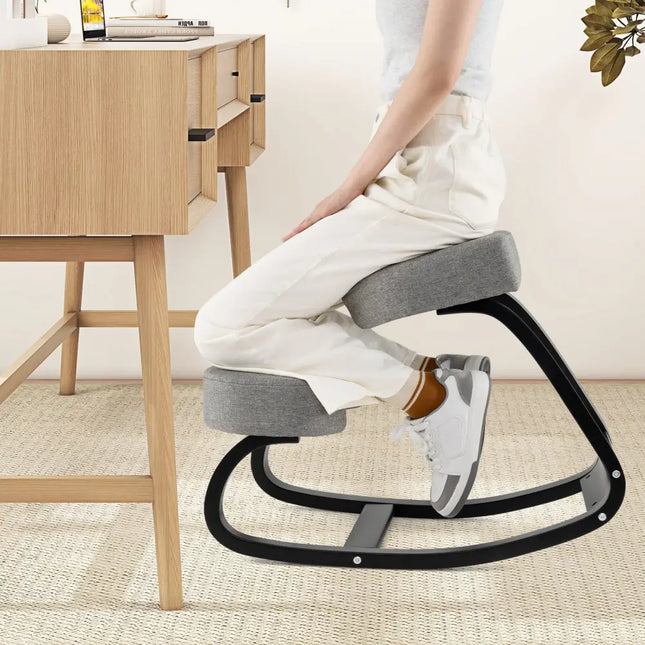 Wooden Ergonomic Rocking Kneeling Backless Chair with Padded Cushion-Grey - Gray - Kneeling Chairs