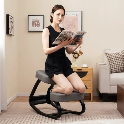Wooden Ergonomic Rocking Kneeling Backless Chair with Padded Cushion-Grey - Gray - Kneeling Chairs