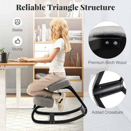 Wooden Ergonomic Rocking Kneeling Backless Chair with Padded Cushion-Grey - Gray - Kneeling Chairs