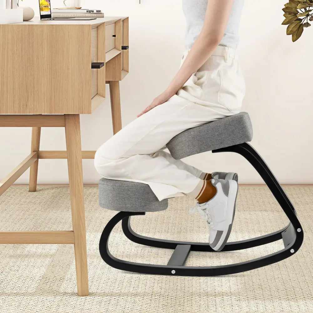 Wooden Ergonomic Rocking Kneeling Chair with Padded Cushion-Grey - Gray - Kneeling Chairs