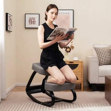 Wooden Ergonomic Rocking Kneeling Chair with Padded Cushion-Grey - Gray - Kneeling Chairs