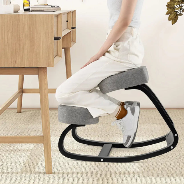 Wooden Ergonomic Rocking Kneeling Chair with Padded Cushion-Grey - Gray - Kneeling Chairs