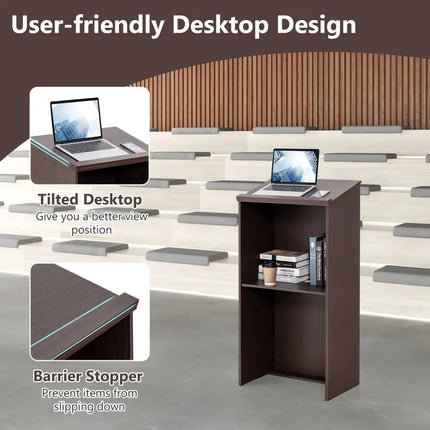 Wooden Floor Standing Podium Speaking Lectern - Brown - Laptop Tables & Printer Stands