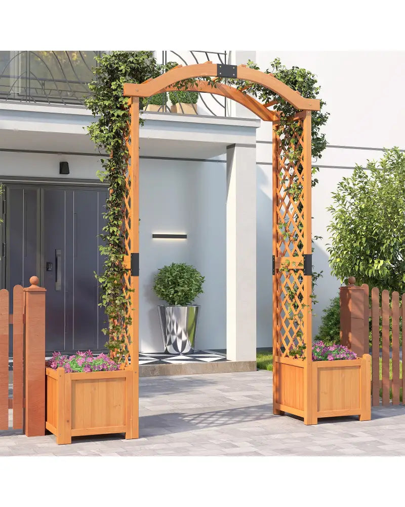 Wooden Garden Arbor with Planter and Trellis for Climbing Plants Decorations-Orange - Orange - Garden Arbors
