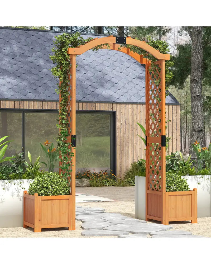 Wooden Garden Arbor with Planter and Trellis for Climbing Plants Decorations-Orange - Orange - Garden Arbors