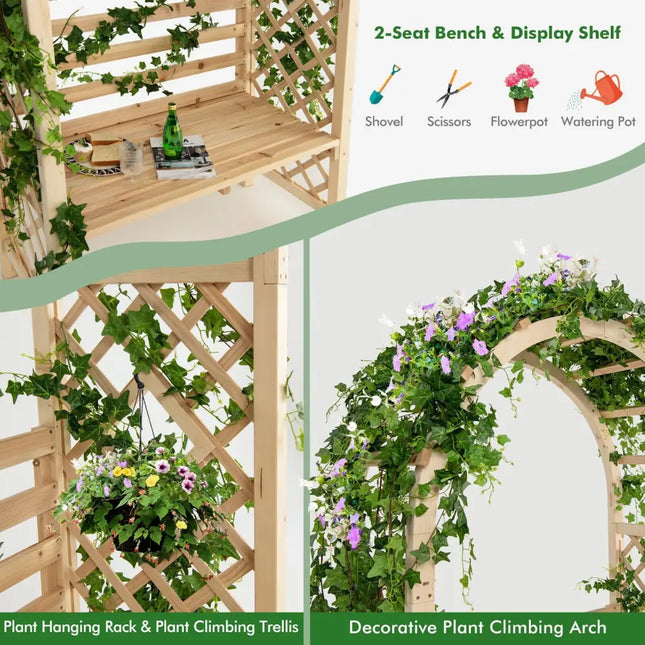 Wooden Garden Bench Arch Pergola Outdoor Arbor - Natural - Outdoor Decor