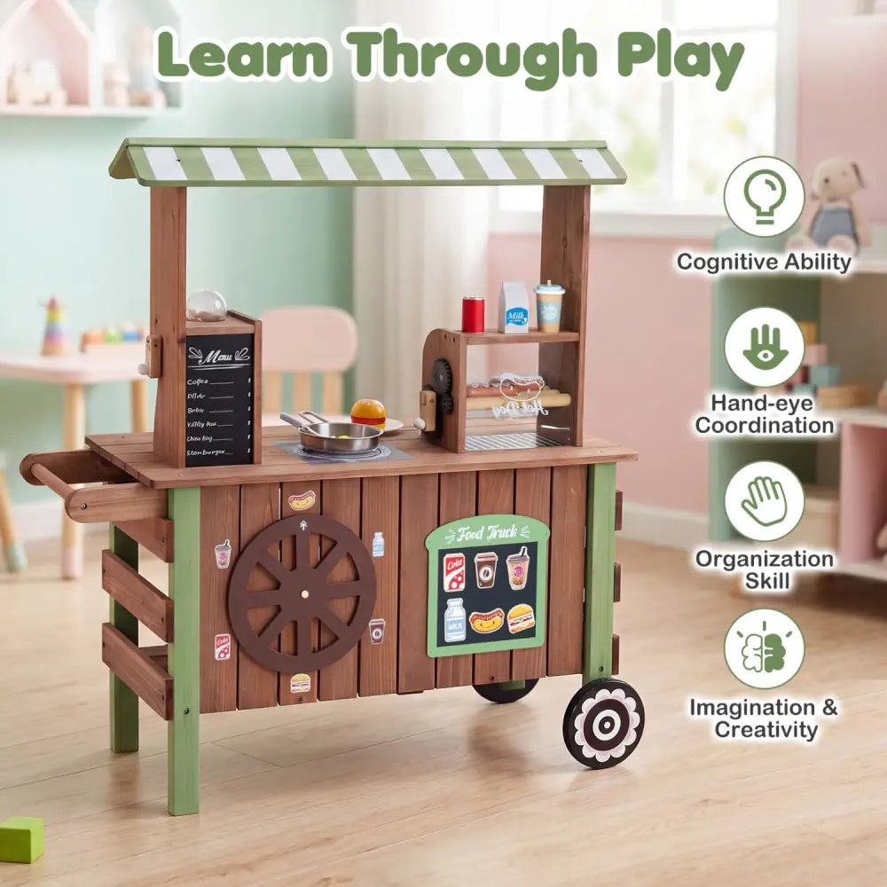 Wooden Grocery Store Playset for Kids with Large Wheels - Play Kitchen Sets