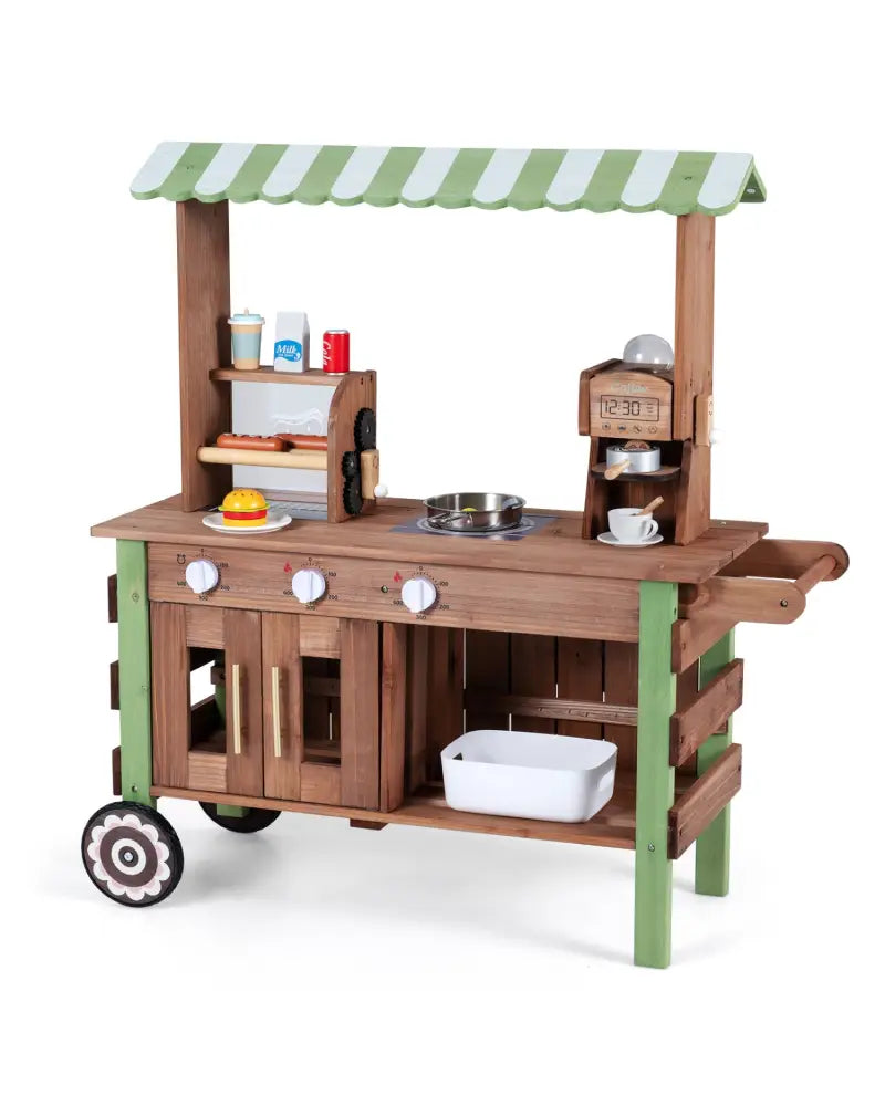 Wooden Grocery Store Playset for Kids with Large Wheels - Play Kitchen Sets